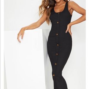 Black Ribbed Button Detail Maxi Dress